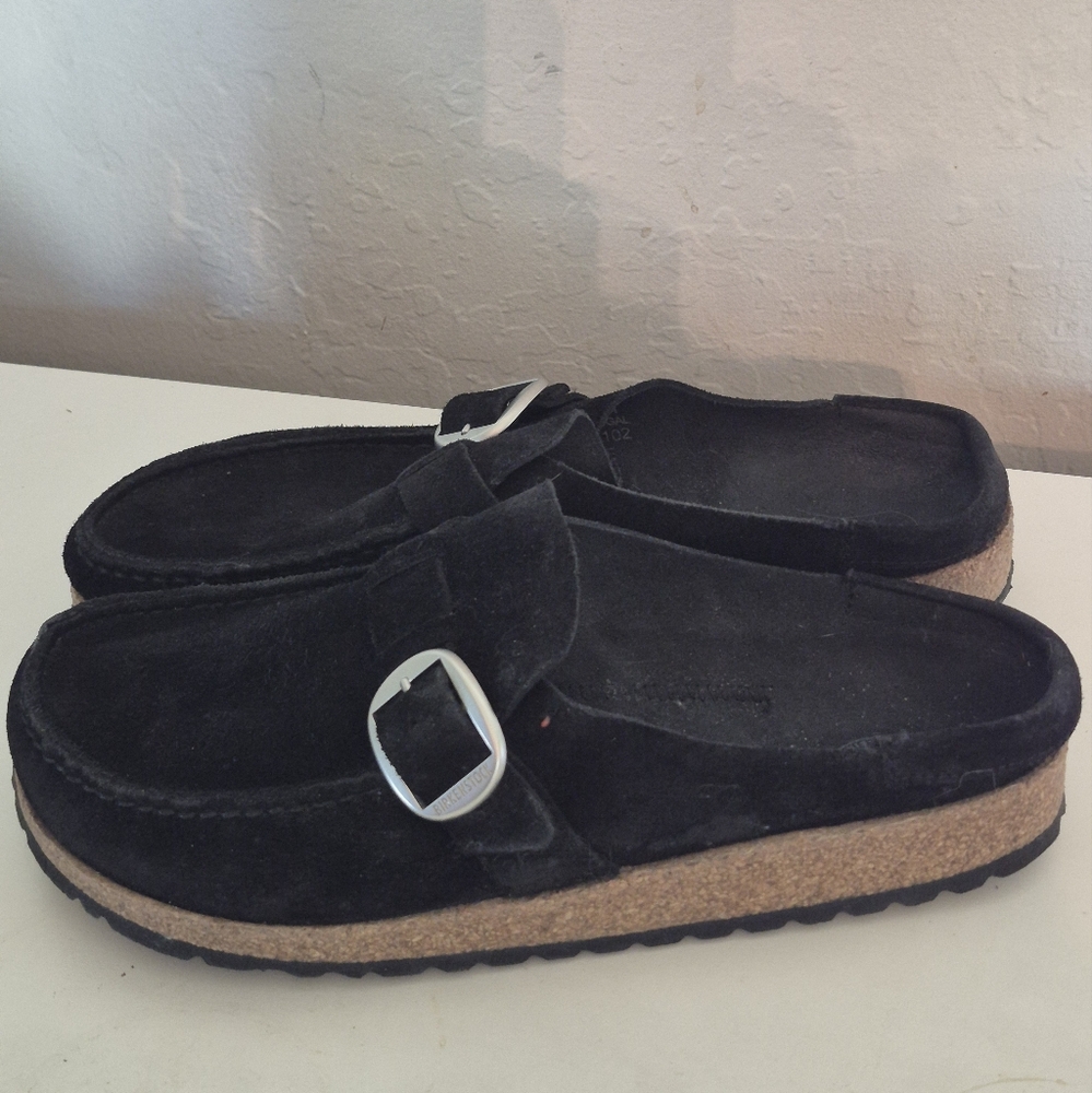 Black Suede Slip-On Birkenstock Mules w/ Silver Buckle